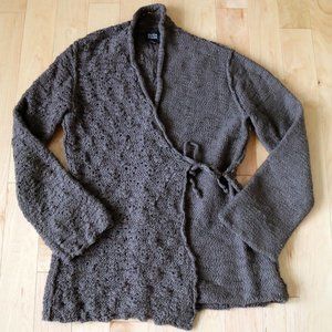 VGUC Unique Eileen Fisher Taupe Wool Tie Crossover Cardigan Knit Sweater Small